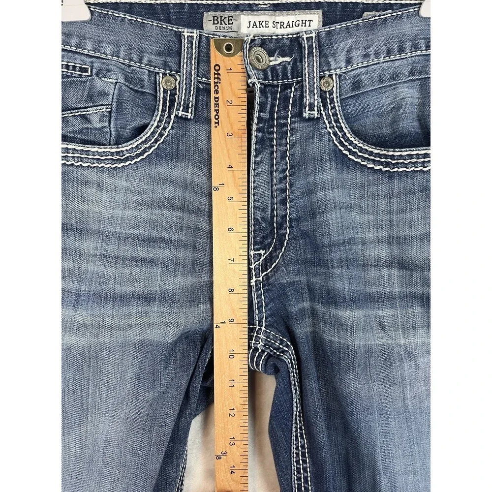 BKE Buckle Jake Jean Men 30L Blue Wash Straight Stretch Whisker Rodeo Cowboy
